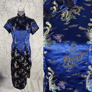 Yu Shan Blue Satin Dragon Brocade Side Slit Maxi Dress